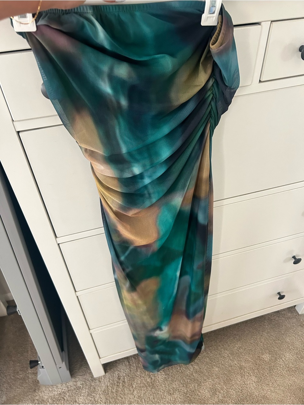 Women’s Ruched Abstract Print Midi Skirt - Teal Green